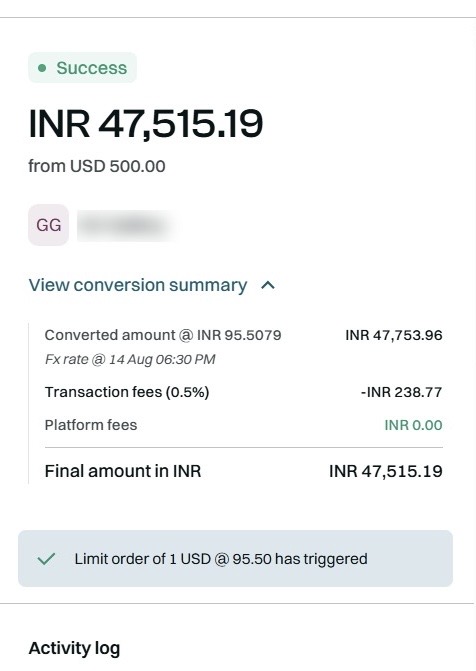 USD 500 payment from a US bookkeeping client converted to INR 47,515