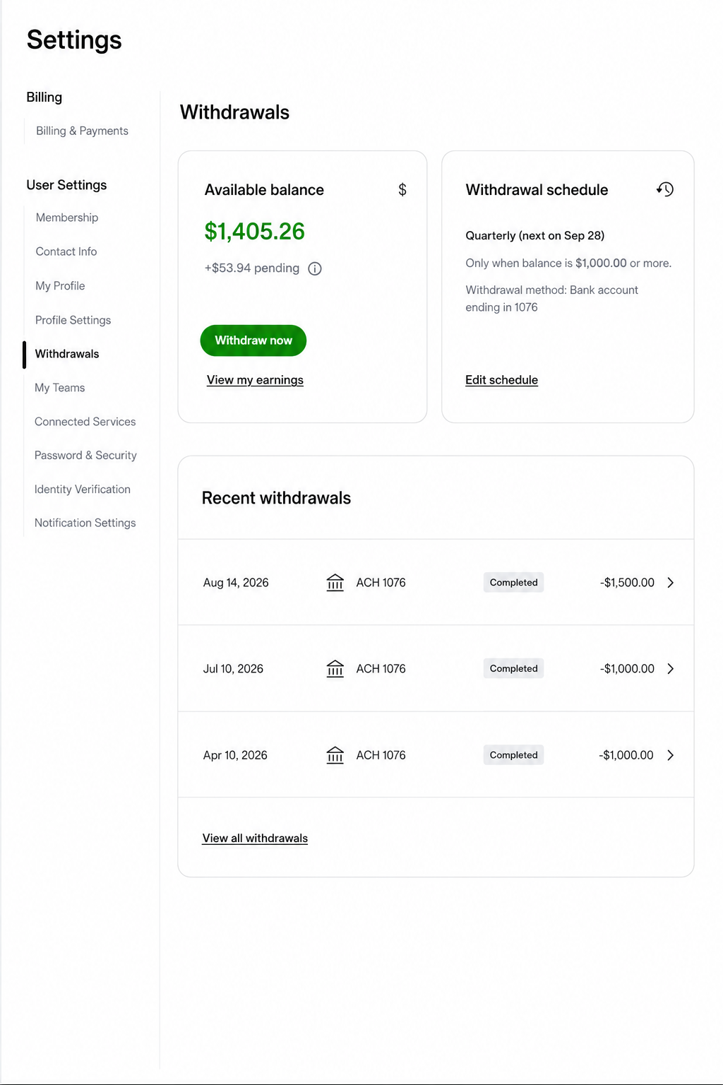 Withdrawals dashboard showing $1,405.26 available balance and completed $1,000–$1,500 payouts