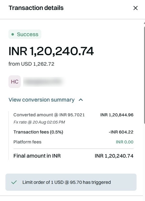 USD 1,262 payment from a US bookkeeping client converted to INR 1,20,240